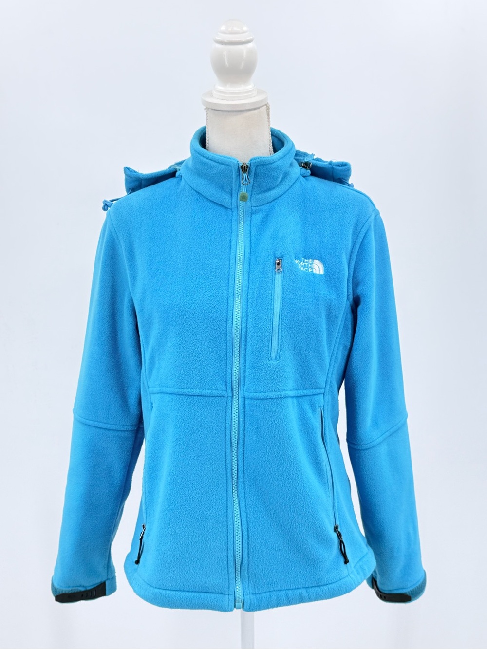 The North Face Blue Fleece Jacket Women L Removable Hood Zip Pockets Gorpcore